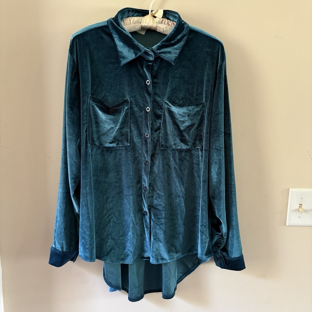 Relaxed Velvet Buttondown Shirt An Teal Green Women's XL with Pockets